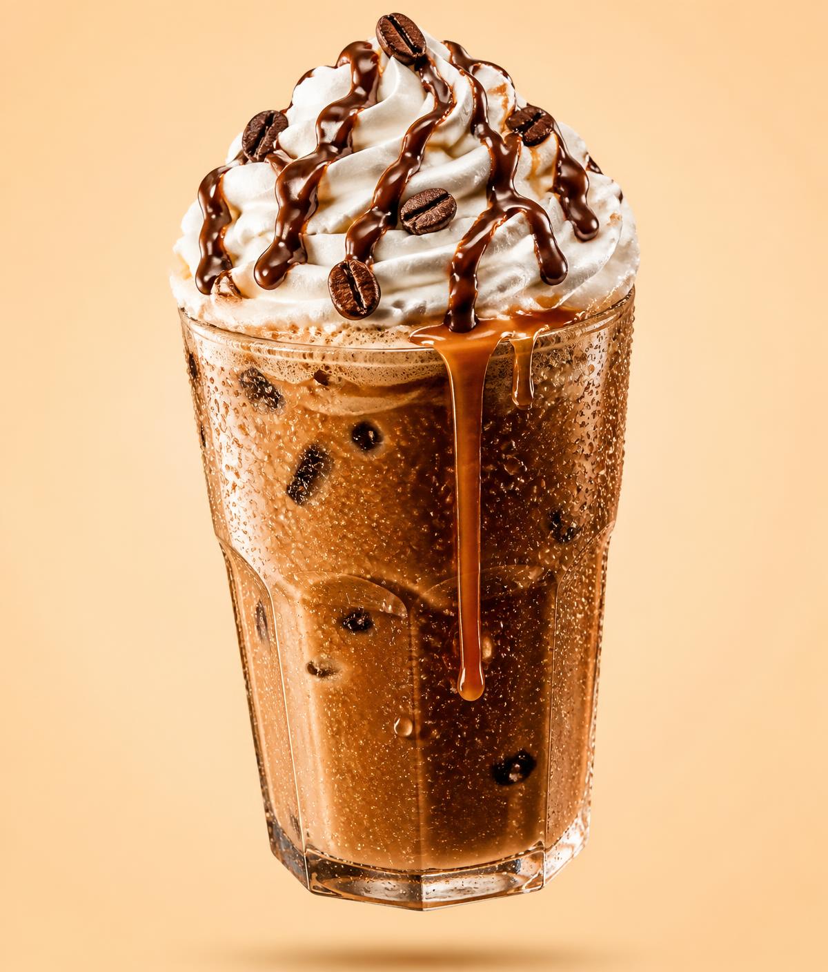 Tall glass of OTD cold coffee topped with whipped cream